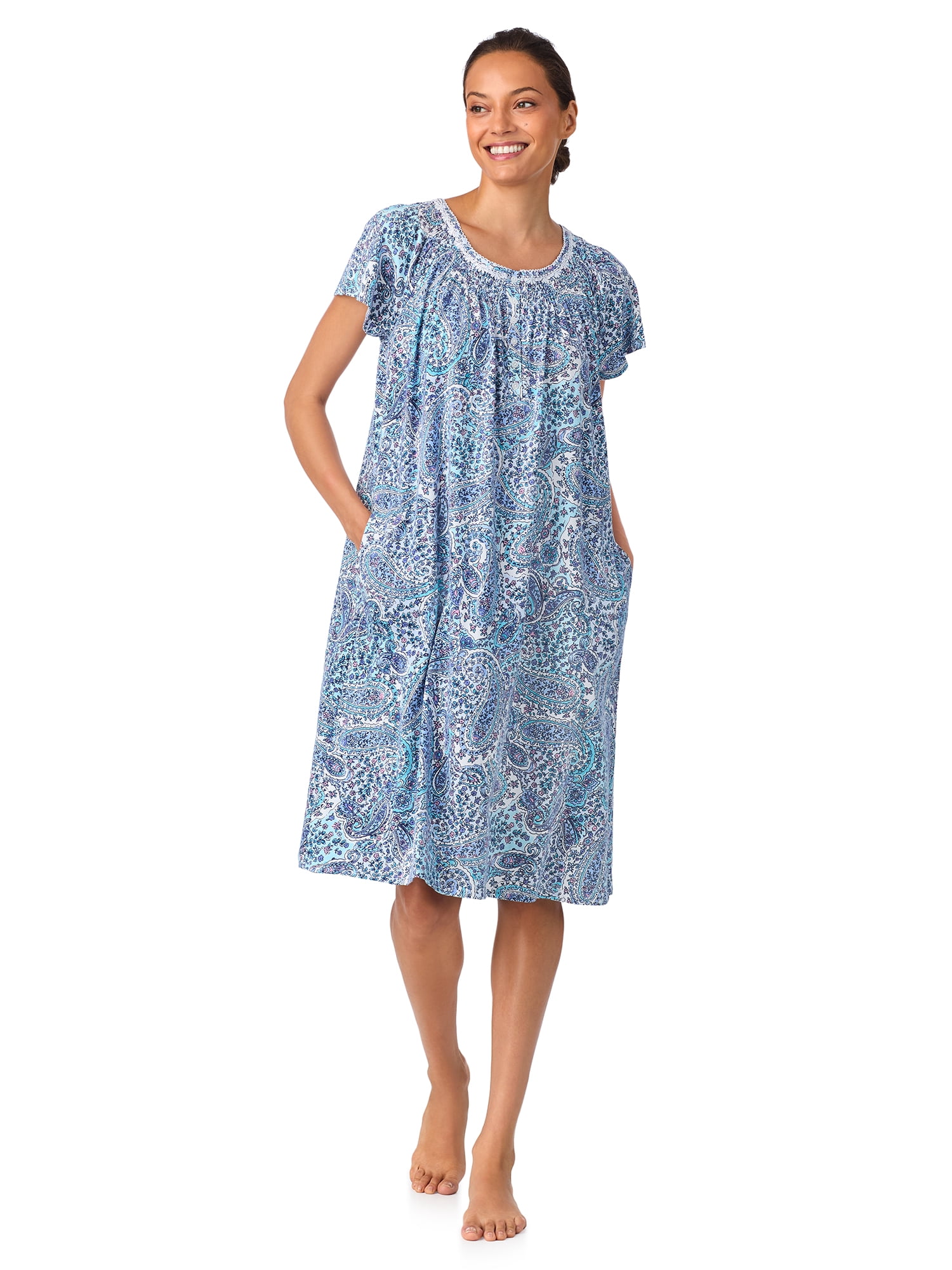 Aria Women's 100% Cotton Raglan Sleeve Smocked Neck 40" Sleepwear Gown, Sizes XS-5X