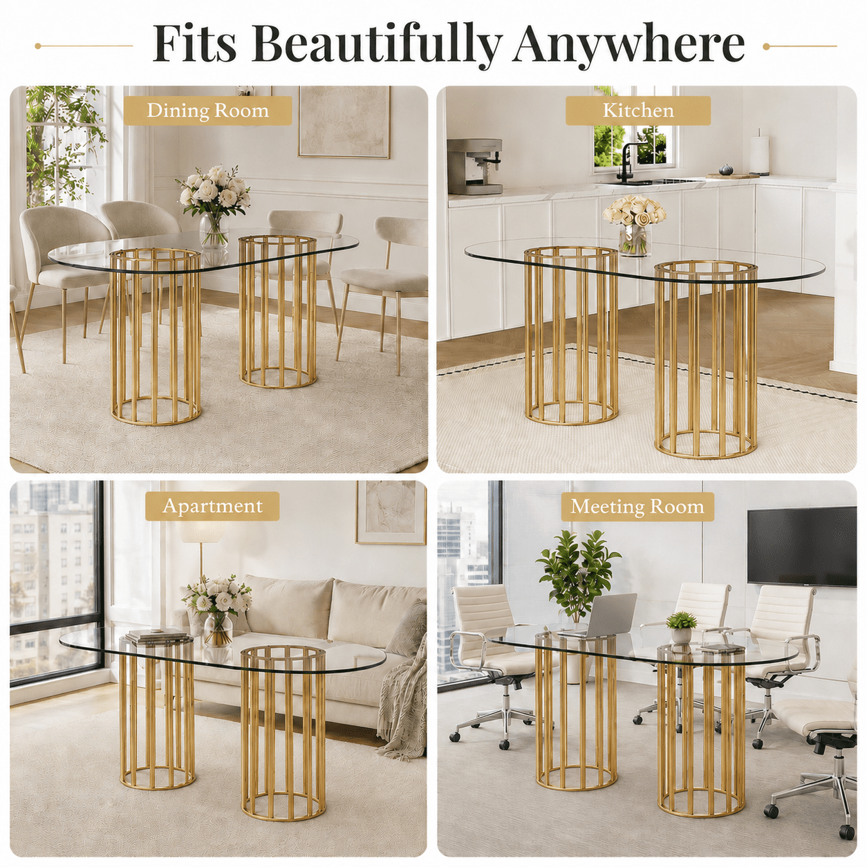 A7Store 71 in Glass Dining Table,Gold Dining Table for 6-8，Large Size Kitchen and Dining Room Table with Tempered Glass top and Gold Double Column Metal Legs, Modern Rectangular Dining Table