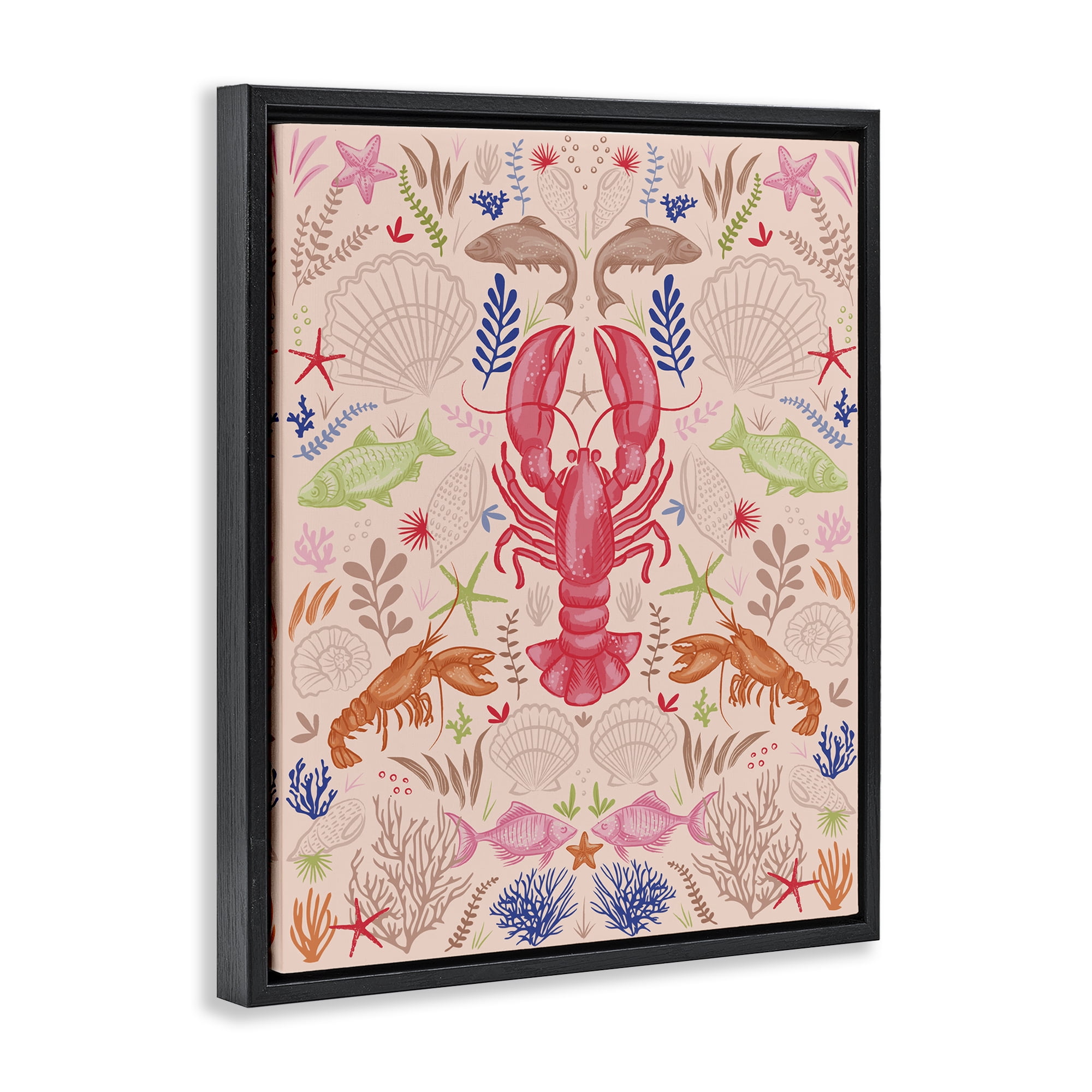 Stupell Industries Symmetrical Sea Life Nautical & Beach Painting Black Floater Framed Canvas Art Print Wall Art, 17 x 21