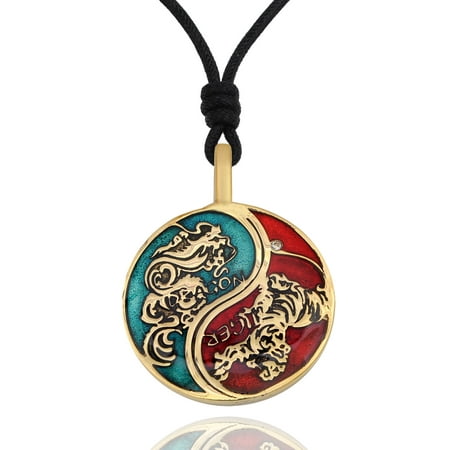 Blue & Red Tiger Dragon Yin Yang Handmade Brass Necklace Pendant Jewelry With Cotton