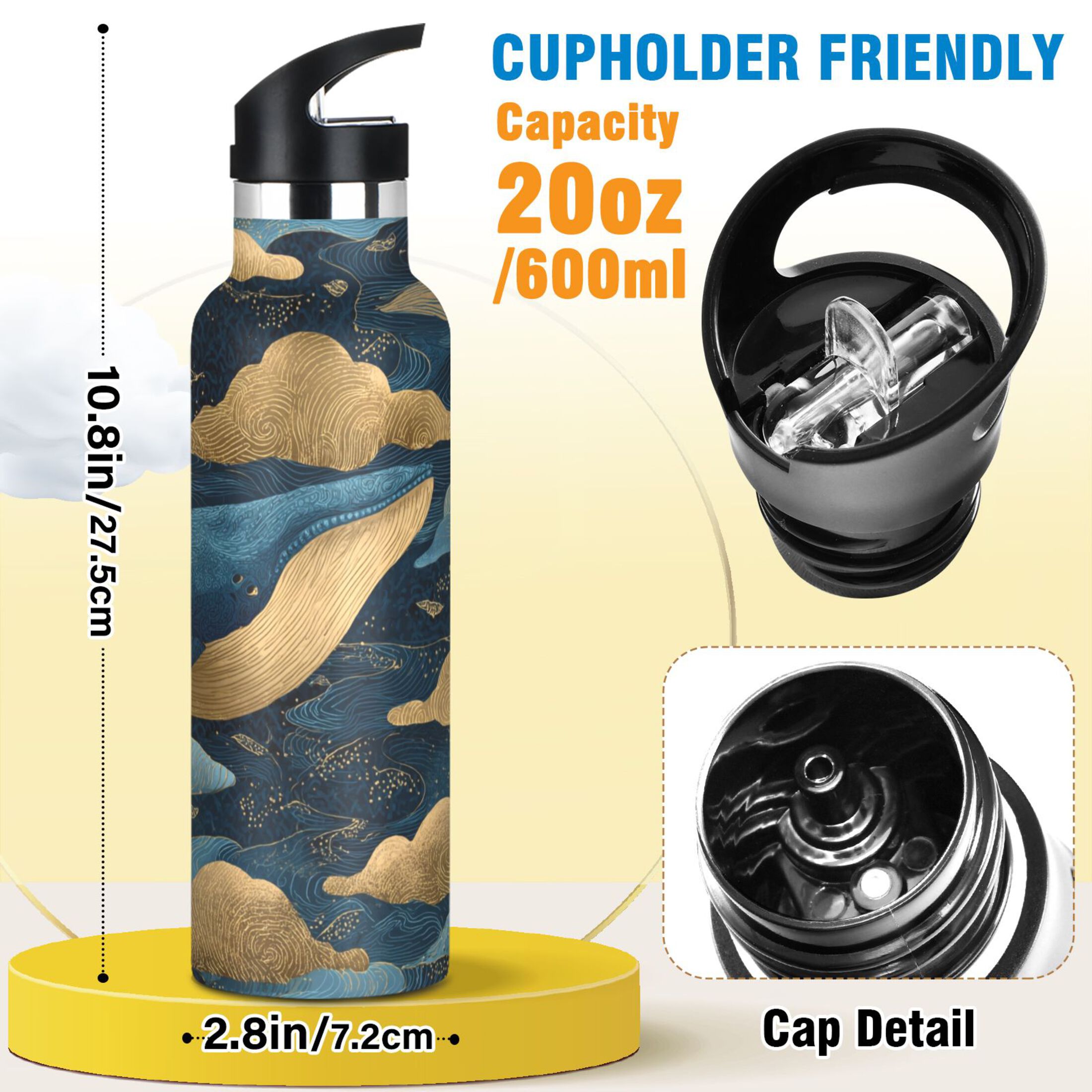 600ML Stainless Steel Insulated Cup Sports Water Bottle Portable Thermos Cup Water Glasses Insulated Tumblers Convenient and Durable Sky Whale Cartoon