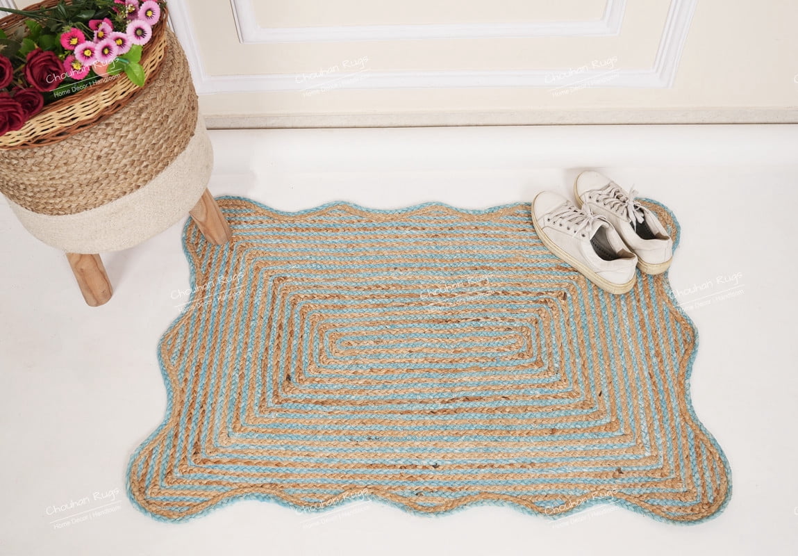 Rectangle Rug Natural Jute Rug Hand Braided Beige and Turquoise Border Color Area Rug