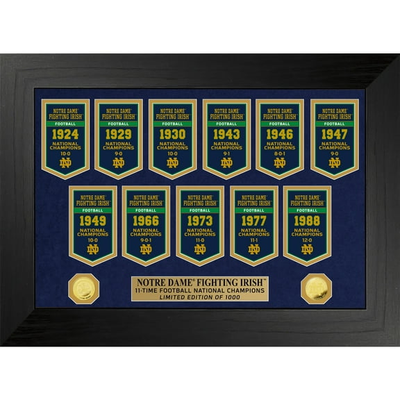 Highland Mint Notre Dame Fighting Irish 11-Time Football National Champions 18'' x 22'' Gold Deluxe Banner Frame