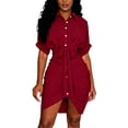 thumbnail image 2 of Dolkfu Red Women Clothing Collared Mini Irregular High Low Hem Short Sleeve Shirt Dress Slim Refined Solid Modern Dresses Red,Xxl, 2 of 6