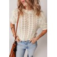 thumbnail image 7 of Chic Women's Beige Hollowed Pattern Knit Short Puff Sleeve Sweater - [ZhiHiMeRi] | (US 12-14)L, 7 of 7