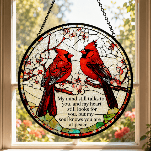 Cardinal Memorial Stained Glass Suncatcher, Sympathy Window Hanging Decor for Loss of Loved One, Remembrance Gift (3.94")