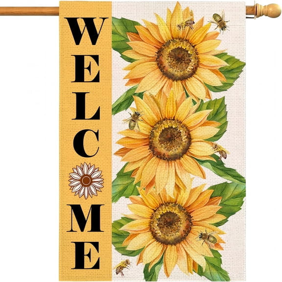 AUQ Sunflower House Flag 28x40 Double Sided,Welcome Watercolor Bee Sunflower Flag,Summer Fall Seasonal Holiday Party Yard Farmhouse Outdoor Decoration