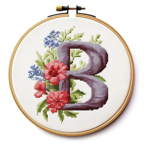 Letter B in Flowers Stamped Cross Stitch Kits for Beginners Easy with Hoop 11CT Needlepoint Embroidery DIY Counted Cross Stitch Kits Art Craft Wall Decor 35x35cm(3)
