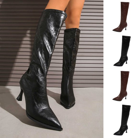 Women's Crinkled Leather Pointed Toe Knee High Boots, Slim Flared High Heel Side Zipper Tall Dress Boots, Elegant Stiletto Calf Boots Brown 9(42)