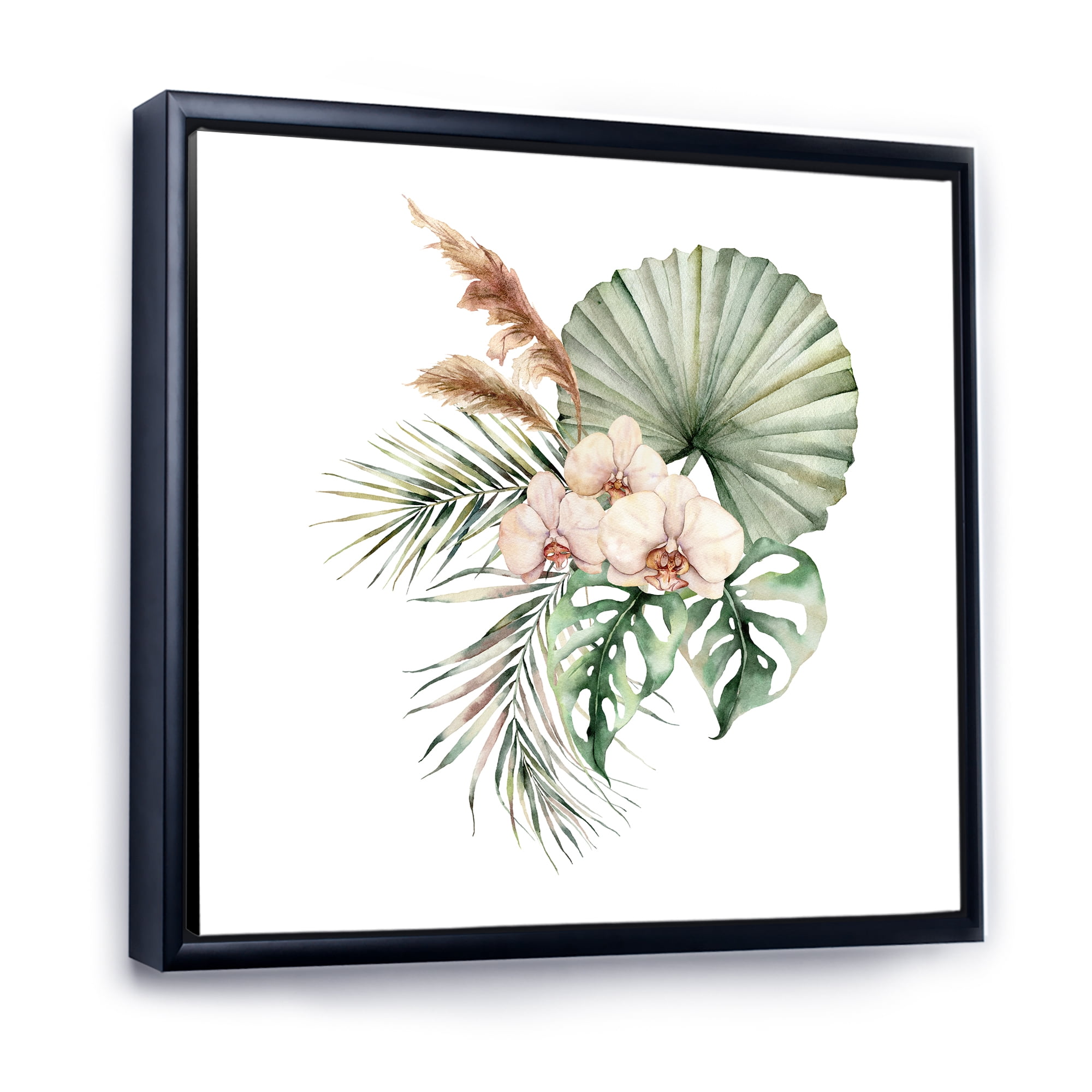 Tropical Bouquet With Palm Orchids Leaves 16 in x 16 in Framed Painting Canvas Art Print, by Designart