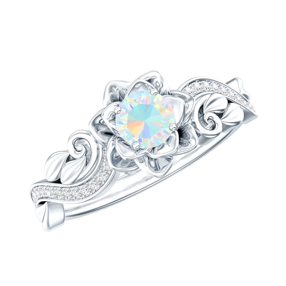 Rosec Jewels Ethiopian Opal Flower Engagement Ring for Women - Natural Opal Diamond Ring - AAA Quality - with Jewelry Box, 925 Sterling Silver, US 4.00