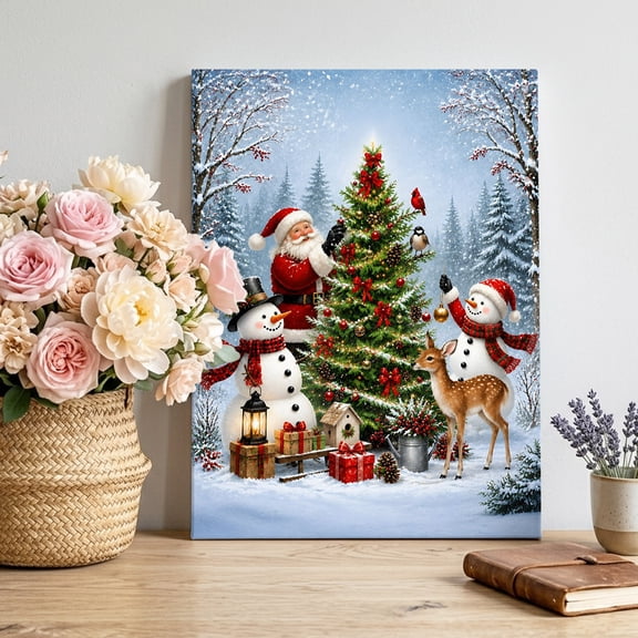 Canvas Wall Art, Merry Christmas Framed Canvas Prints for Living Room Bedroom, Xmas Tree Santa Claus Snowman Deer Large Gallery Wrapped Wall Decor for Home Office, Gifts, 16"x20" Ship Next Day