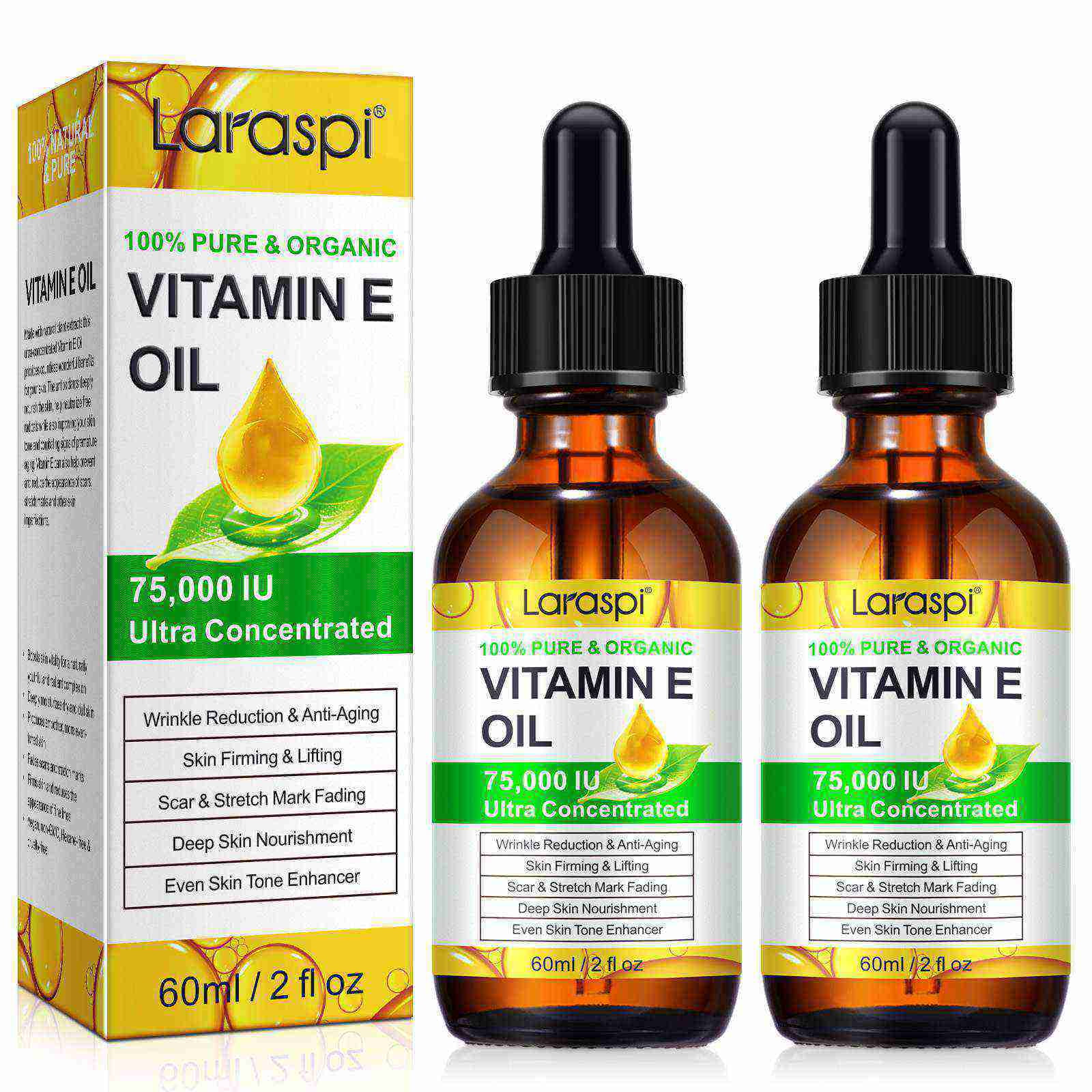 Vitamin E Oil 75,000 IU, 100% Pure Moisturizing Skin, Lightweight Hydrating Care, 60ml(2Pack)