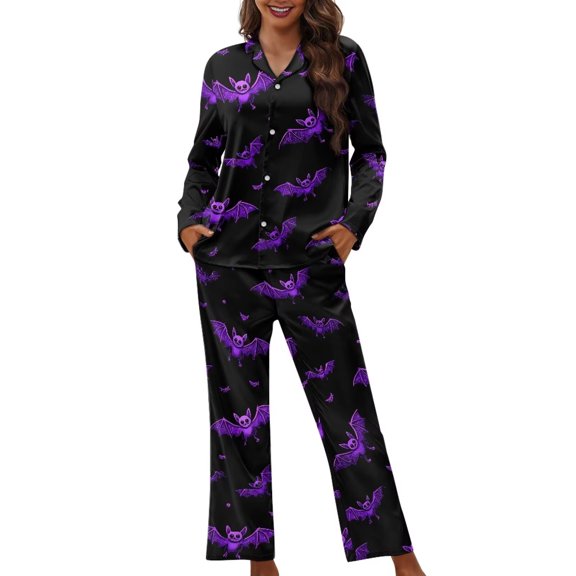 Garronmavis Purple Bats Halloween Women's Long Sleeve Button Down Pajama Set 2-Piece Comfortable Sleepwear Loose Fit Lounge Wear, Black