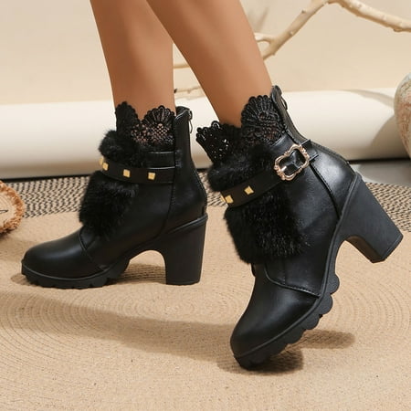 

YOUSNH Ladies Autumn and Winter Casual Rhinestone Buckle Lace Splicing Heel High Heel Ankle Boots Short Boots Woman Shoes Black 8.5