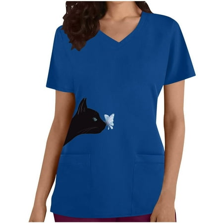 

Women Scrubs Top Bunny Printed Happy Easter T Shirt Bunny Rabbit Funny Letter Printed Short Sleeve With Pocket Spring Summer Daily Nursing Uniforms Nursing Care Working Uniforms