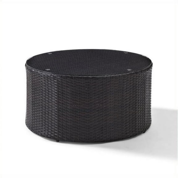 Pemberly Row Outdoor Wicker Round Glass Top Coffee Table