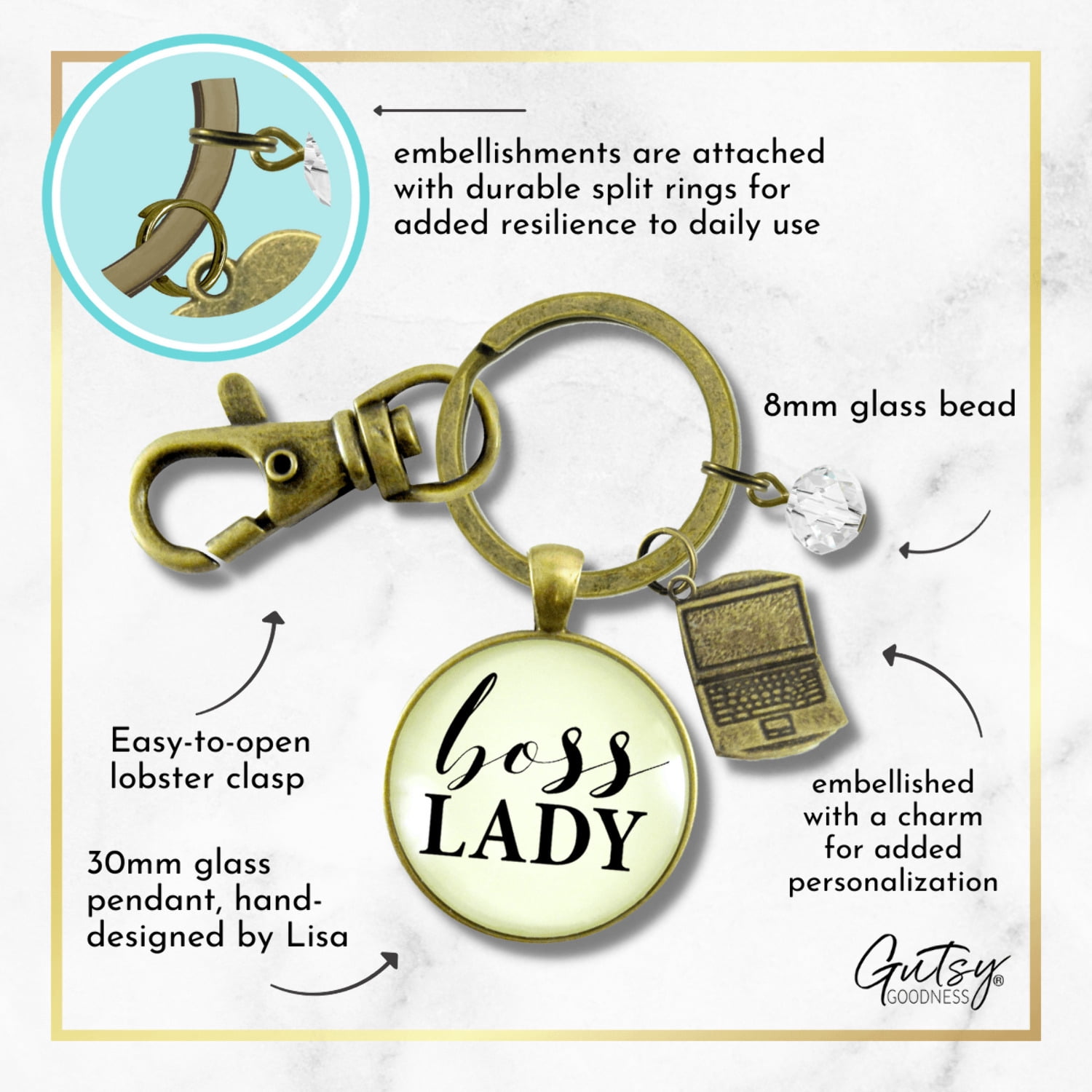 Boss Lady Gutsy Goodness Bronze Keychain Empowered Word Working Female Adult Gift Charm