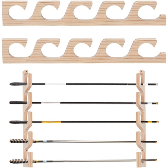 2Pcs Horizontal Fishing Rod Holders for Garage Bamboo Wall Mount Fishing Pole Holders White Wall Ceiling Rack 5 Fishing Pole Storage