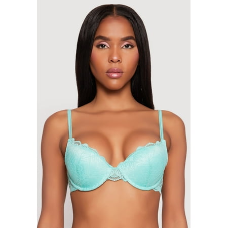 Womens Scallop Trim Floral Lace Caged Back Plunge Bra