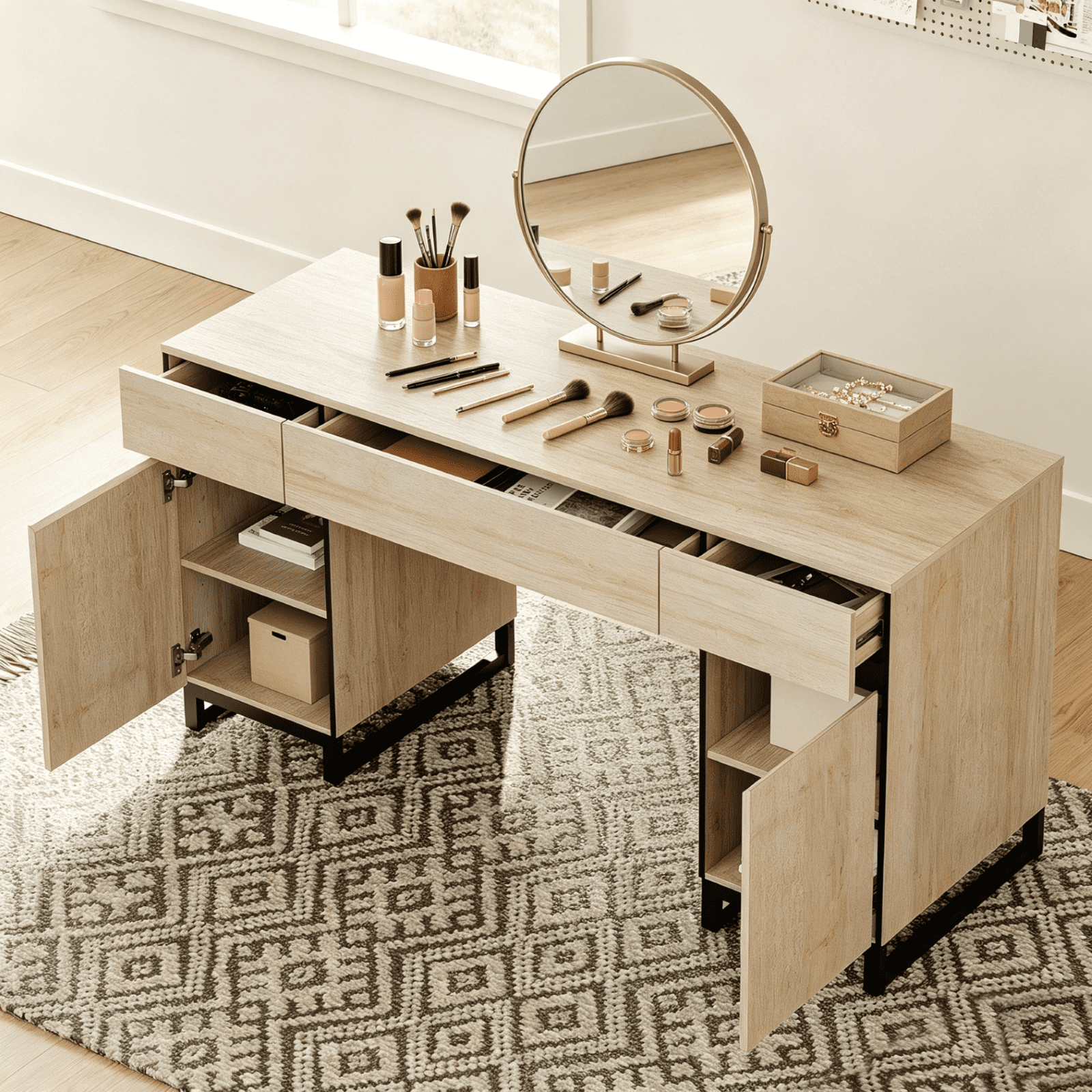 WAMPAT 59" Modern Vanity Desk, Wood Makeup Dressing Table with Charging Station, Drawers and Storage Cabinet for Bedroom Cosmetic Organization,Beige