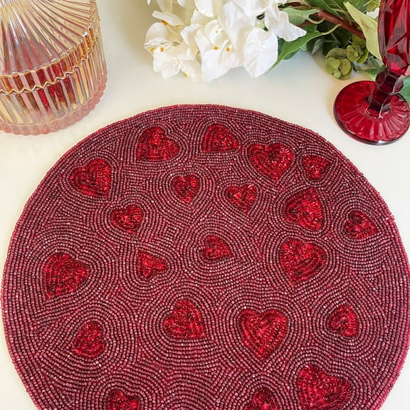 Enliven, Set of 2, Handmade beaded placemat, Valentine's special tablemat, burgundy red bead and sequin charger plate
