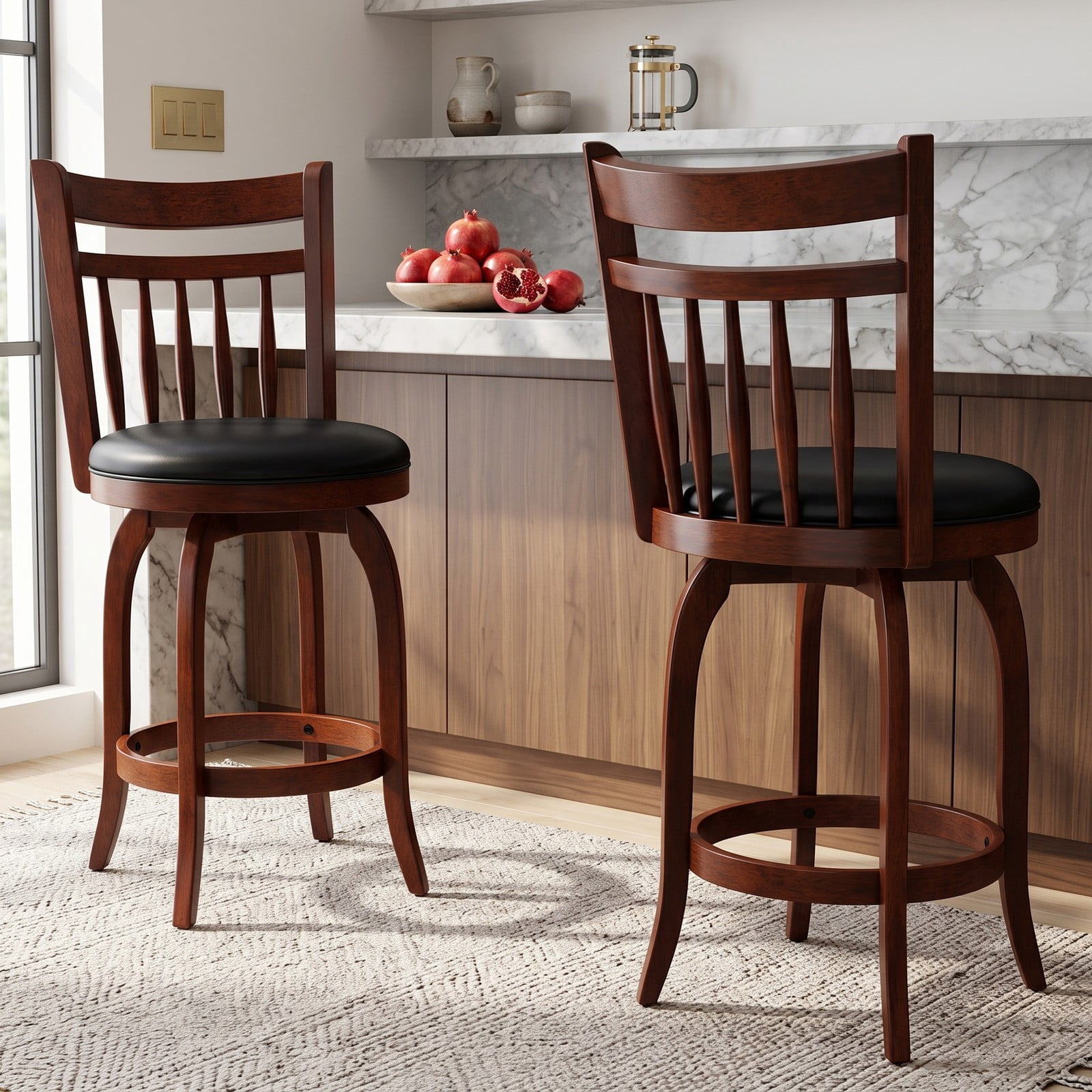Furnibear Swivel Bar Stools Set of 2, 24 Inch Counter Height Faux Leather Upholstered Barstools with Curved Backrest and Footrest for Kitchen, Espresso and Black