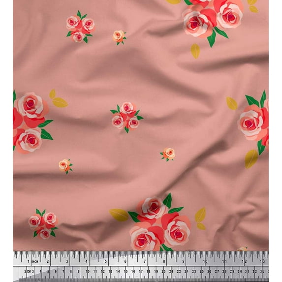 Soimoi Cotton Poplin Fabric Leaves & Rose Flower Printed Craft Fabric by the Yard 42 Inch Wide