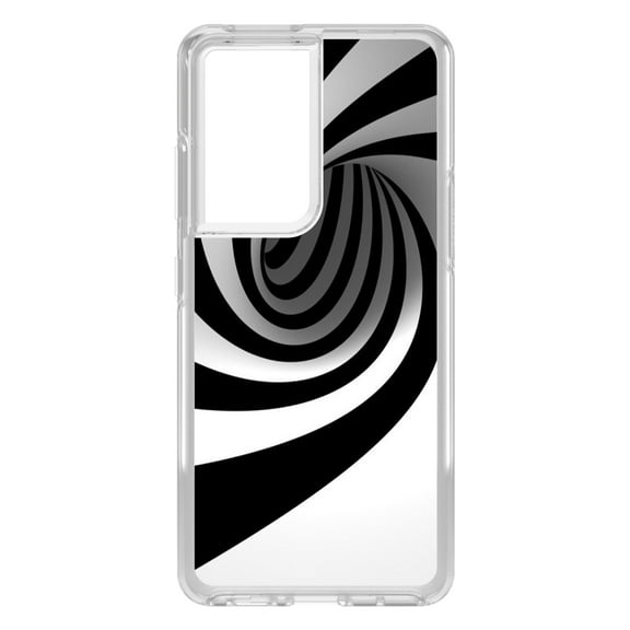 DistinctInk Clear Shockproof Hybrid Case for Galaxy S21 ULTRA 5G (6.8" Screen) - TPU Bumper, Acrylic Back, Tempered Glass Screen Protector - Black White Swirl Vortex Geometric