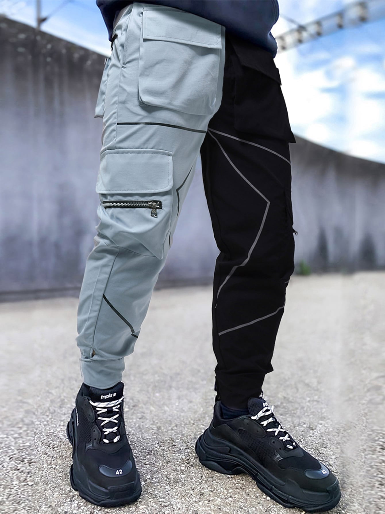 Men Two Tone Reflective Cargo Pants 