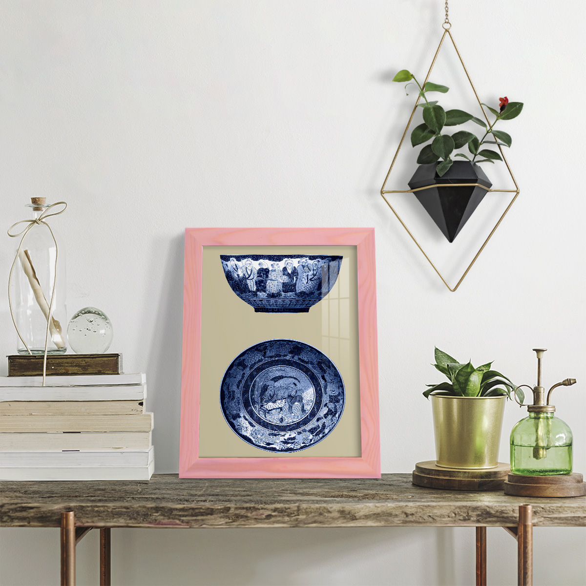 Porcelain in Blue and White II -Framed Print w/glass-Sunset Pink