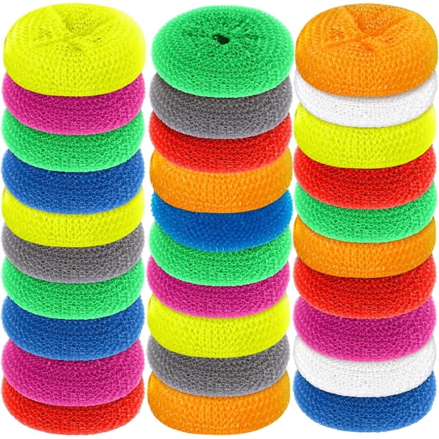 Fregadores de platos de plástico para platos, fregador redondo de plástico, estropajo, fregador de platos de nailon (colores arcoíris, 100 piezas)