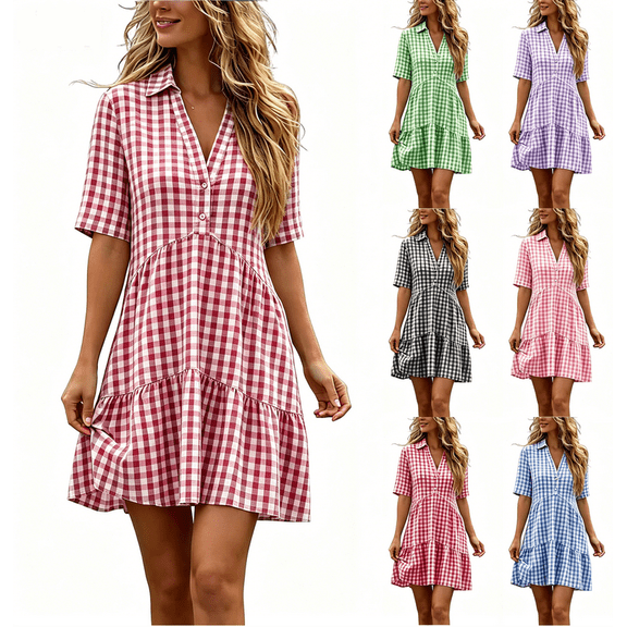 Women's Gingham Plaid Cotton Linen Blend Shirt Dress Collared Short Sleeve Button-Down Casual A-Line Mini Dress for Everyday Vacation Red XL(XL)