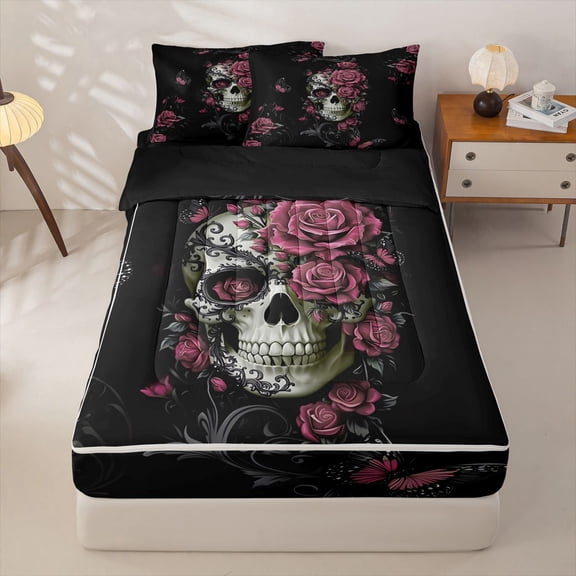 Homewish Spooky Halloween Skull Zipper Twin Comforter Sets with Fitted Sheet and 2 Pillowcases,Pink Rose Floral Butterfly Zipper Bedding Set,Black Reversible,4pcs