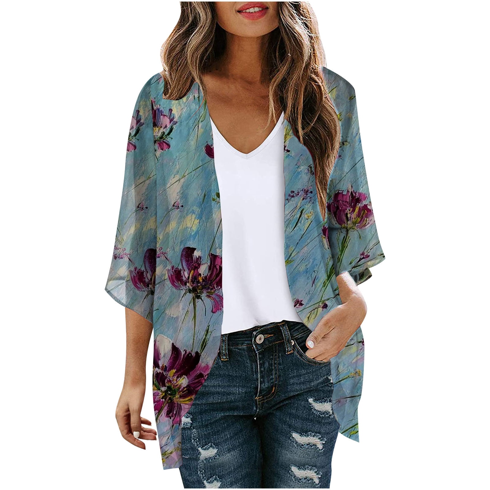 Kimonos for Women Beach Swimsuit Cover Up Cardigans 3/4 Sleeve Tops ...