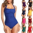 thumbnail image 2 of Qingpeng Tummy Control Swimwear Halter One Piece Slimming Vintage Retro Swimsuit Womens Ruched Push Up Bathing Suit, 2 of 5