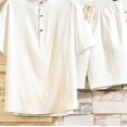 thumbnail image 4 of Two Piece Pants Sets Mens Two Piece Solid Cotton Linen Short Sleeve V Neck Tops and Shorts Set, 4 of 10