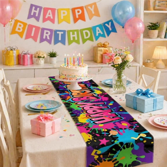 Inerposs Happy Birthday Table Runner, Multicolor Linen Tablecloth, Decorative Party Table Runner, Festive Birthday Decor, Versatile Event Table Decoration