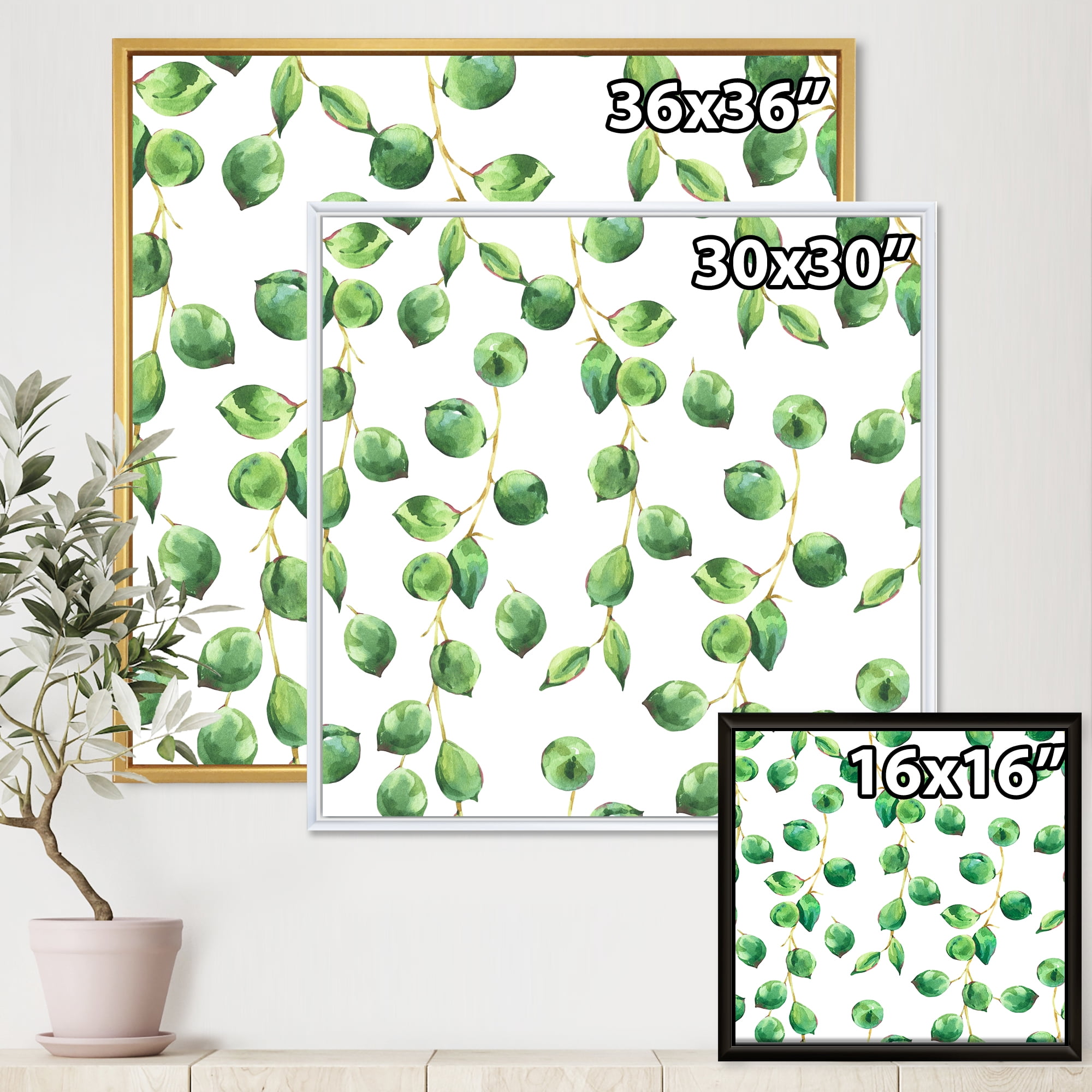 Designart 'Tropical Green Leaves Patern On White' Tropical Framed Canvas Wall Art Print