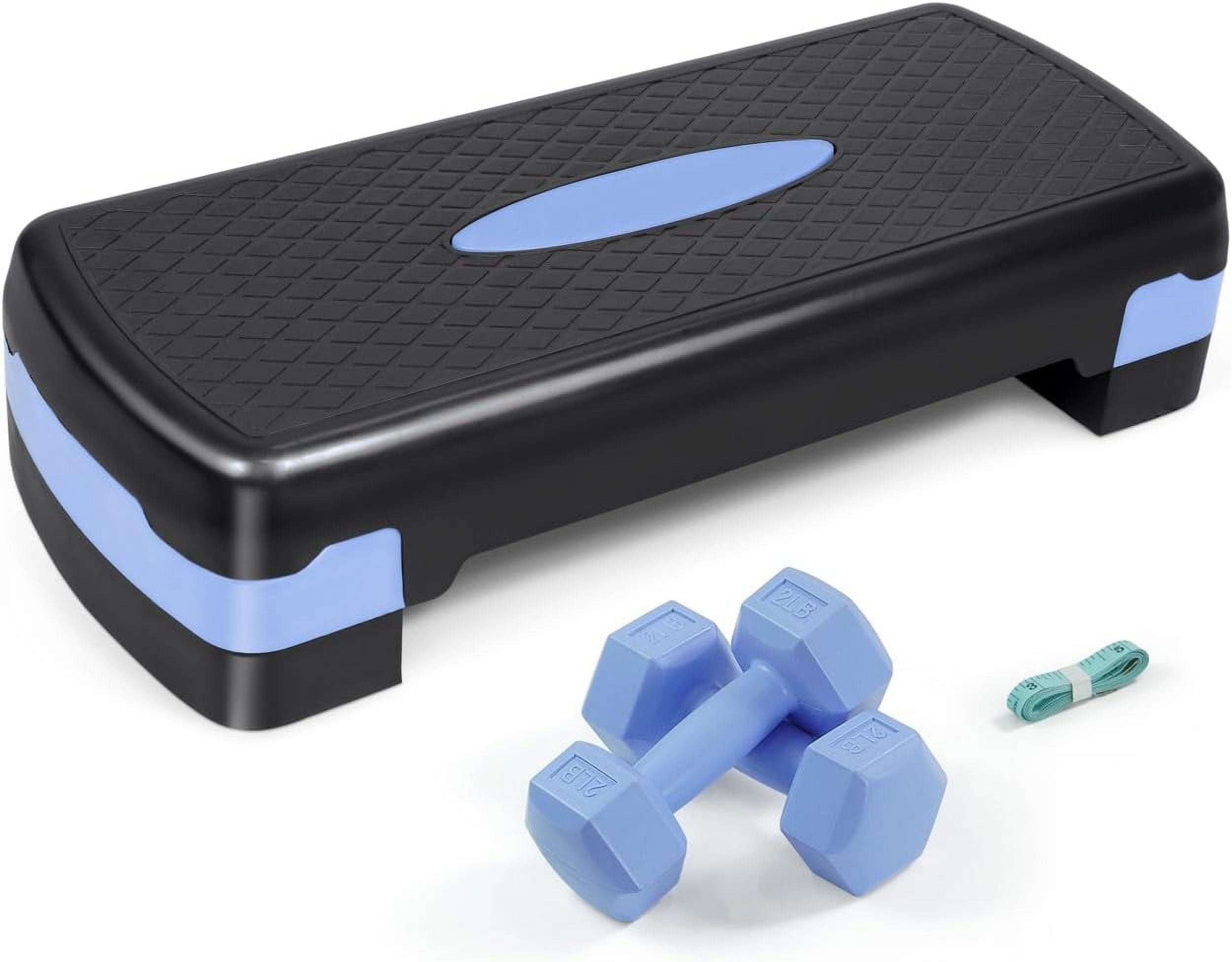 WF Athletic Supply Aerobic Stepper Set with Dumbbells & Measuring Tape, Adjustable Height 2 Level Risers Workout Exercise Step Platform Trainer for Home Gym Exercise Fitness Workout, Blue