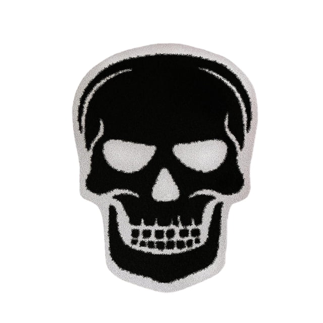 High Density Floor Mats For Bathroom And Kitchen Entrances, featuring a black polyester material with a skull-shaped design. The mat measures 40x60cm (15.75x23.62in) and has a wool-like texture for a soft, cozy feel. It is absorbent, with a multi-layer structure for water retention and a non-slip bottom for safety. Suitable for bathroom and kitchen entrances, as well as other areas like bedrooms or laundry rooms.
