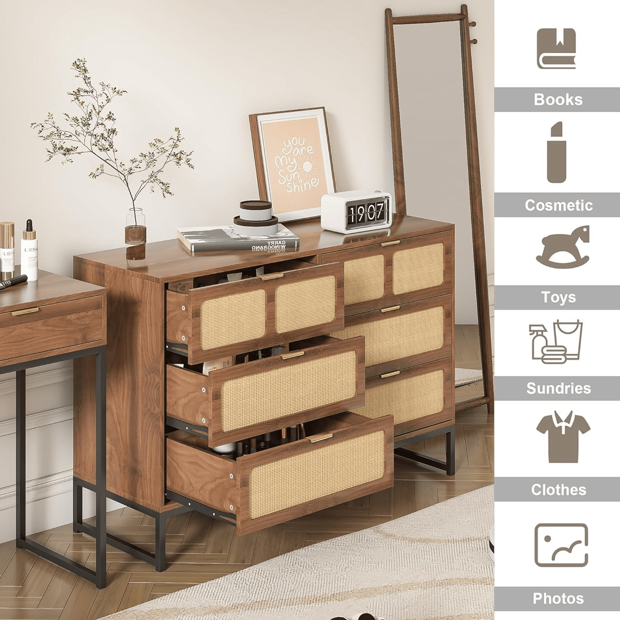 6 Drawer Double Dresser, Rattan Chest of Drawers, Wood Storage Chest for Bedroom Living Room