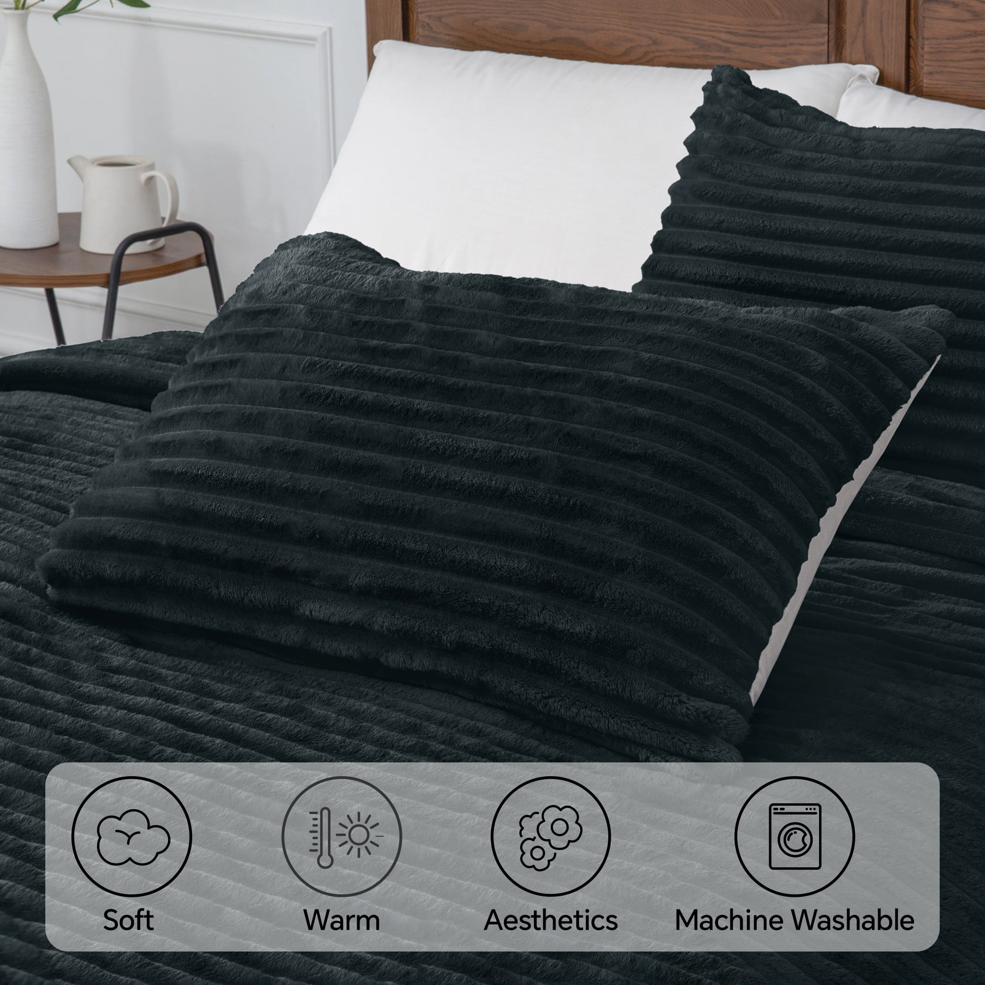 BEDELITE Fleece Queen Comforter Set -Super Soft & Warm Fluffy Black Bedding, Luxury Fuzzy Heavy Bed Set for Winter with 2 Pillow Cases