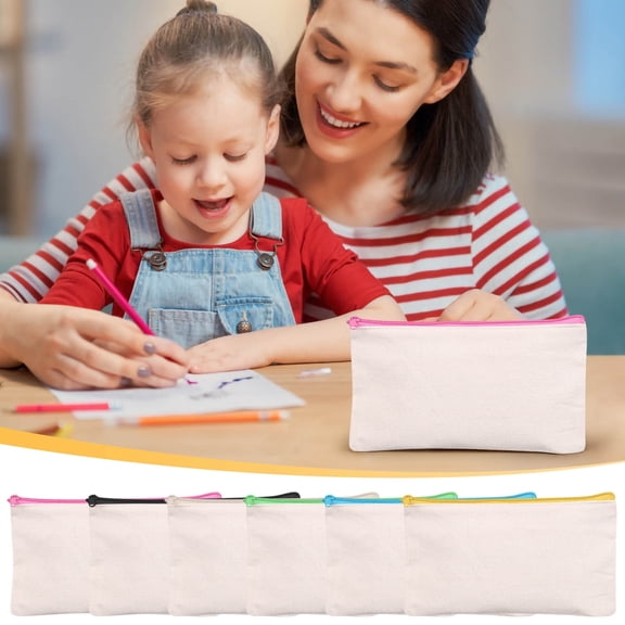 Blank Canvas Zipper Pouch, Multi-Purpose DIY Makeup Bag with Colored Zipper, Cosmetic Bag, Travel Organizer, Pencil Case, Durable Cotton, Customizable, 8x5in Gift