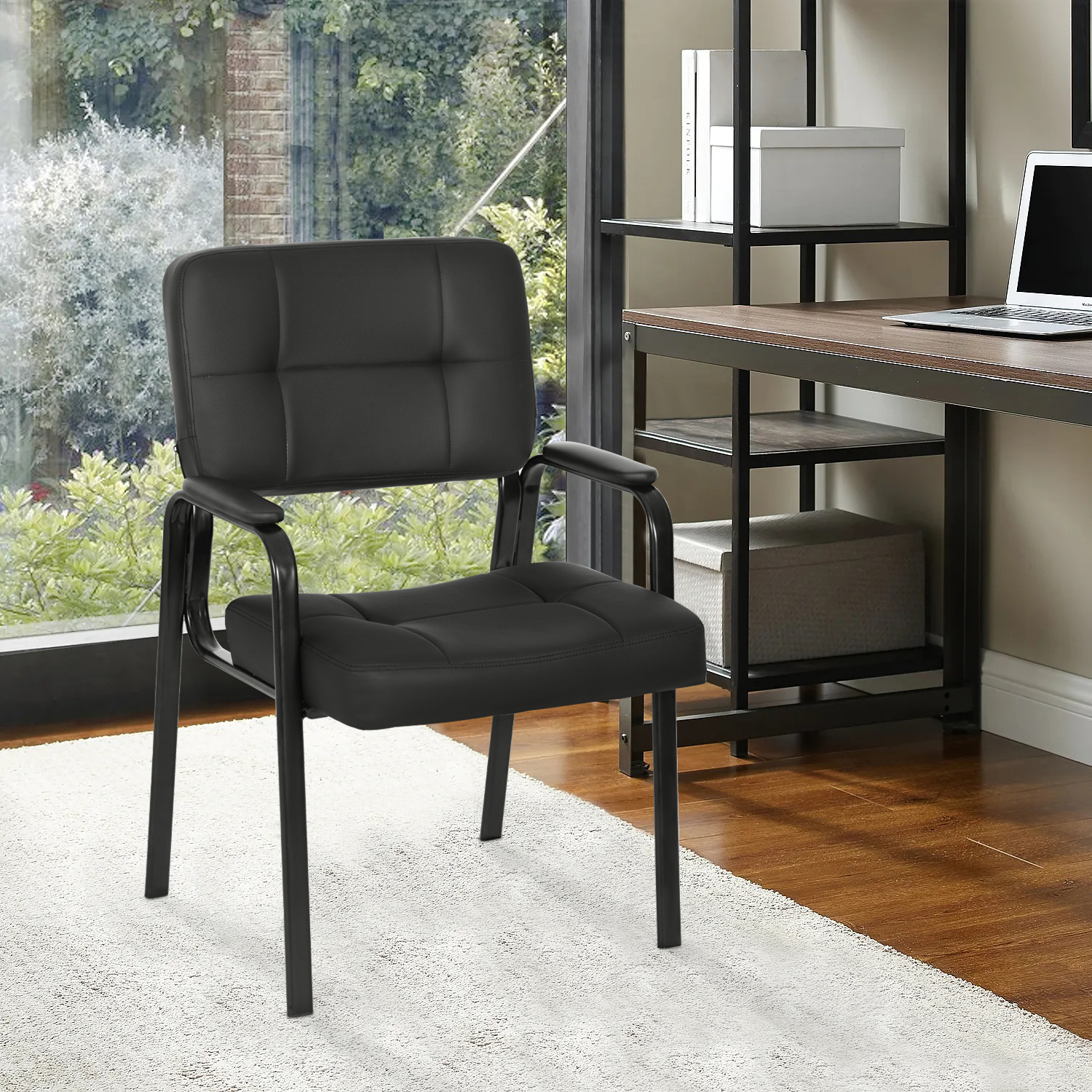 FDW Home Office Chair，Padded Armrest PU Leather for Waiting Room Chairs Lobby No Wheels, 2 Pack(Black)