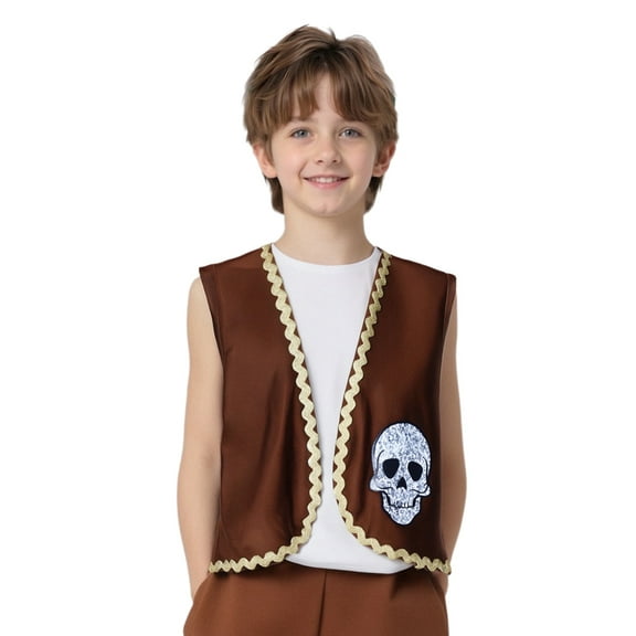 Aislor Boys Pirate Vest Skeleton Print Open Front Waistcoat With Gold Trim For Party Brown 6