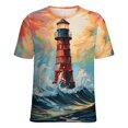 thumbnail image 5 of Lighthouse Sunrise Coast Scenery Pale Blue Tan Women's Short Sleeve T-Shirt Crew Neck Casual Summer Trendy Loose Fit Tops, 5 of 6