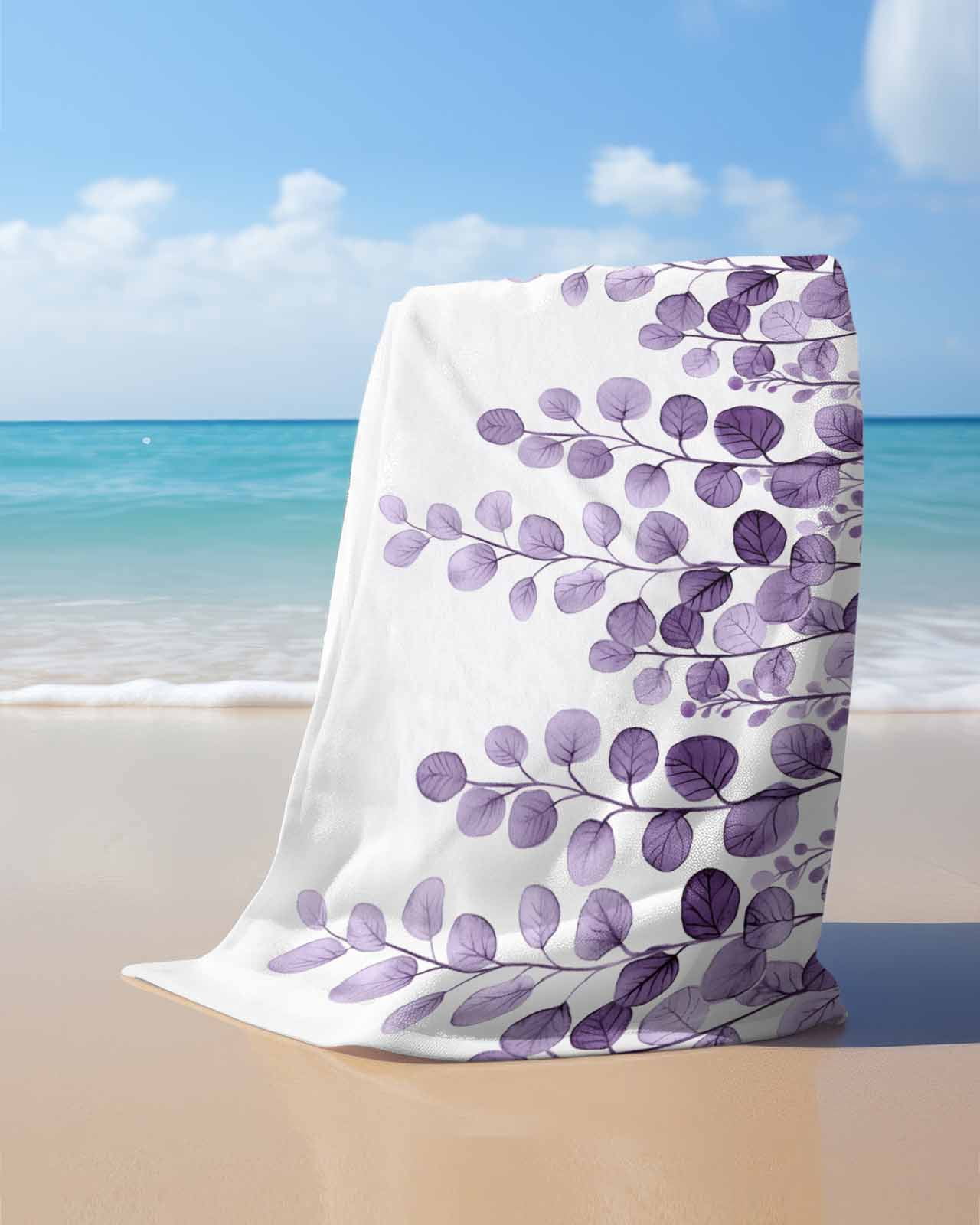 Purple Eucalyptus Leaves Beach Towels Oversized Super Absorbent, Watercolor Floral Leaf Plants Lightweight Bath Towel Quick Dry Sets For Bathroom/Pool/Rv Camping/Beach Play/Gym Room/Picnic 23"x47"