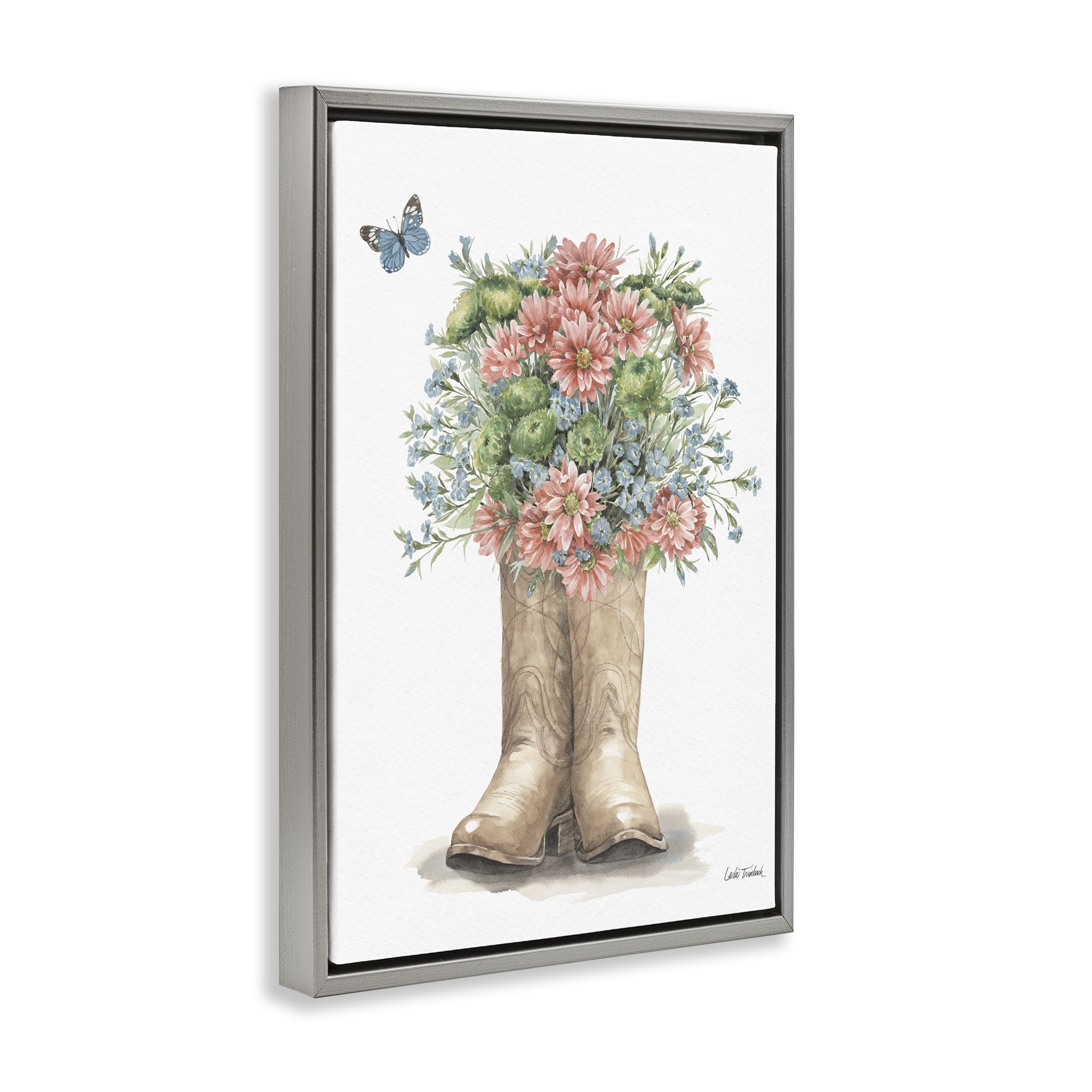 Stupell Industries Western Wildflower Boots Botanical & Floral Painting Gray Floater Framed Canvas Art Print Wall Art, 17 x 25