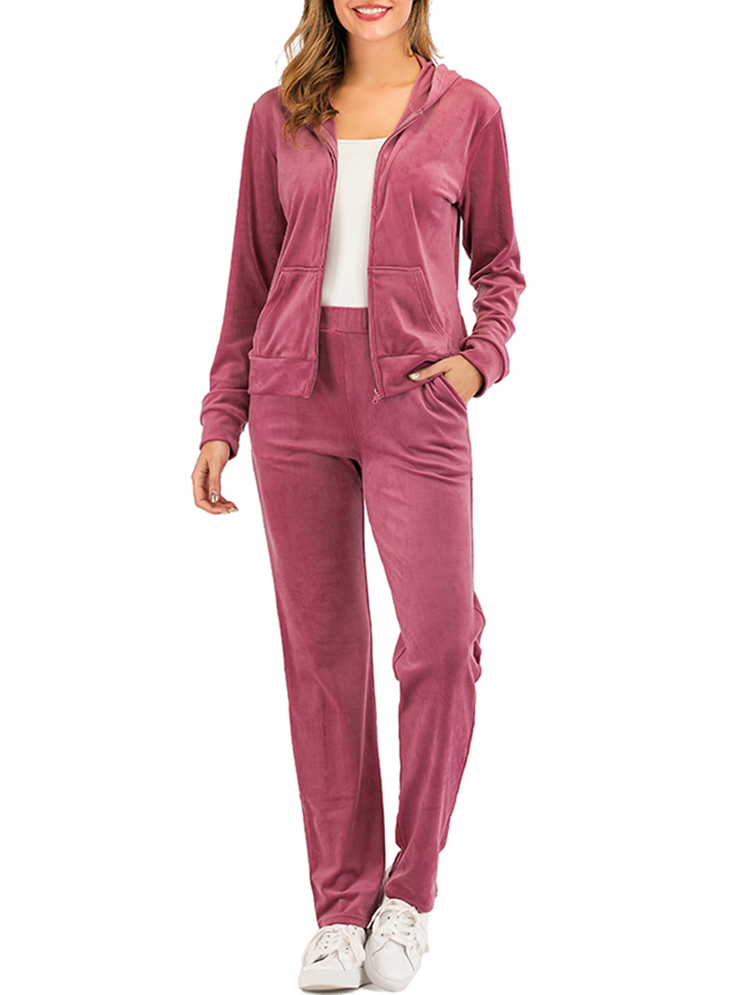 Akalnny Women Casual Basic Velour Sweatsuit Set Zip Up Hoodies and Pants Sports Suits Tracksuits